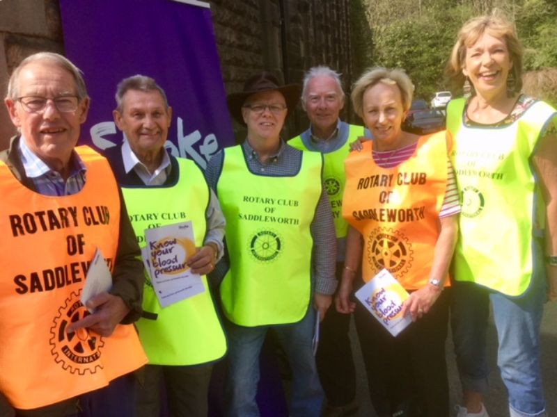 Saddleworth rotary turned out in force on Uppermill’s High Street to encourage folk to take a blood pressure test. Left to right:Tony Beswick, Bill Bussey, Jon Stocker, Alan Chorlton, Gill Bussey and Barbara Howse, club president.