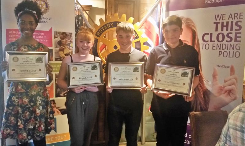 2018 winners of the Biddulph Rotary Acorn Awards.L to R: Flossie James, Leah Rutter, Owen Bowyer and Ashton Cartwright