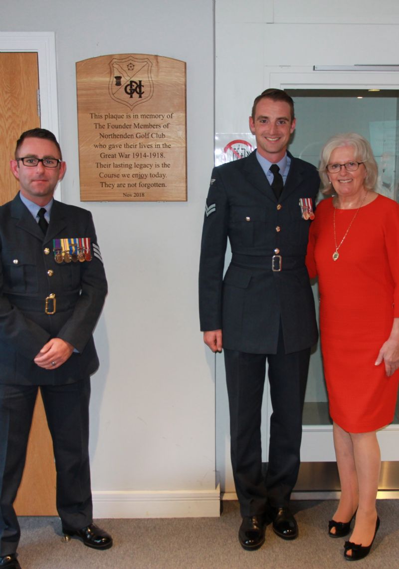 Rotarian Kate Turpie after unveiling the plaque with Corporal Bainbridge ( left ) and Sergeant Skelton