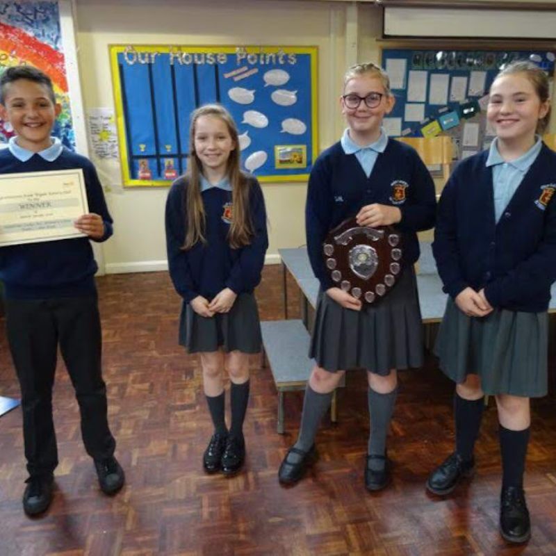 The winning Team  -AspullOur Lady’s RC Primary School Team 1 . Team members, L-RVote of Thanks Maddox Banks; Speaker Isabel West; Chair Dante Hook and Reserve Ruth Horsfield