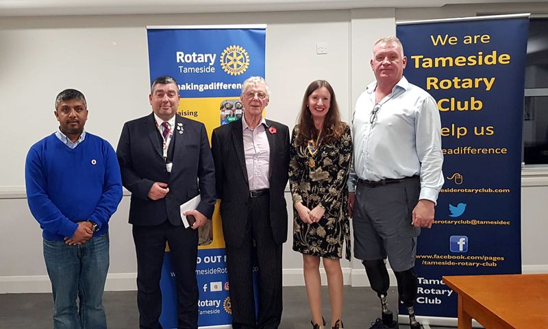 (Left to right, Vice President Mohammed Karim, Divisional Secretary of Tameside SSAFA Daniel Millan, Tameside Rotarian and RAF veteran Jeff Mellor, President Angela Robbins and Major Bernie Broad)