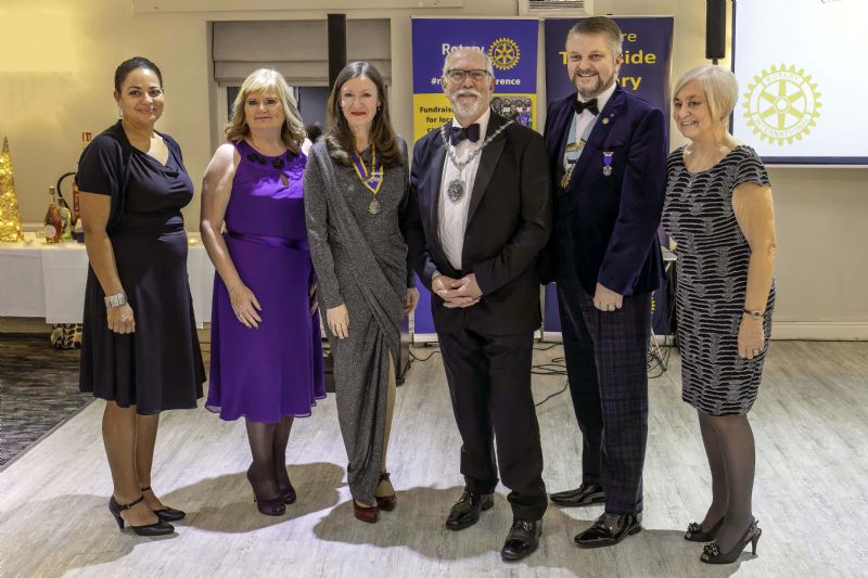 (Pictured Catherine Munir, Irene Russell District 1285 Public Image, Tameside Rotary President Angela Robbins, Deputy Civic Mayor and Tameside Rotarian Mike Glover, District 1285 Governor, Anne Gordon.)