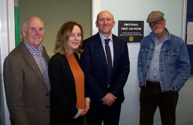 Pictured L-R are John Lindon, Public Relations Chairman of the Rotary Club of Rushen & Western Mann, Gemma Kneen and Keith Winstanley from Castle Rushen High School and Geoff McCann, President of Rushen & Western Mann