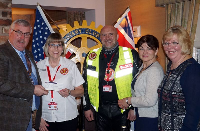 (L to R): President of Biddulph Rotary, Rob Lomas, presenting a cheque for £1500 to Blood Bikers Helen and Nigel Bundy, with Lindis Pattison Tadman, and Leslie Lomas from ACE