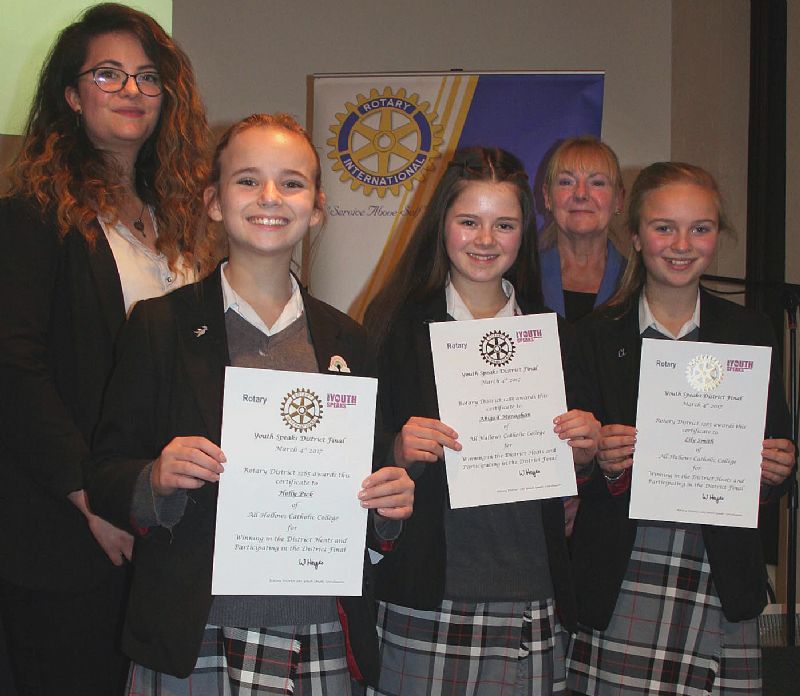 PictureMs K Nichols, Holly Pick, Abigail Monahan, Rotarian Mary Grant, and Lilly Smith.