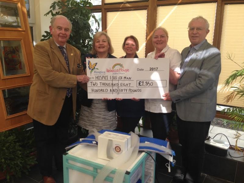 Pictured left to right are: David Gawne (Rotary Club of Douglas Vice President), Chief Executive of Hospice Anne Mills, Karen Taylor and  Claire Langley (Lymphoedema Team) and Howard Callow (President of the Rotary Club of Douglas).