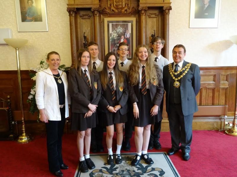 Photo Left to right :.The Mayoress,. Front row: Thea Hardman, Annie MacDonald and Natasha Critchley, Back row: Joseph Loughney, Oliver Derbyshire and Matthew Derbyshire, and the His Worship the Mayor , Cllr Ron Conway.