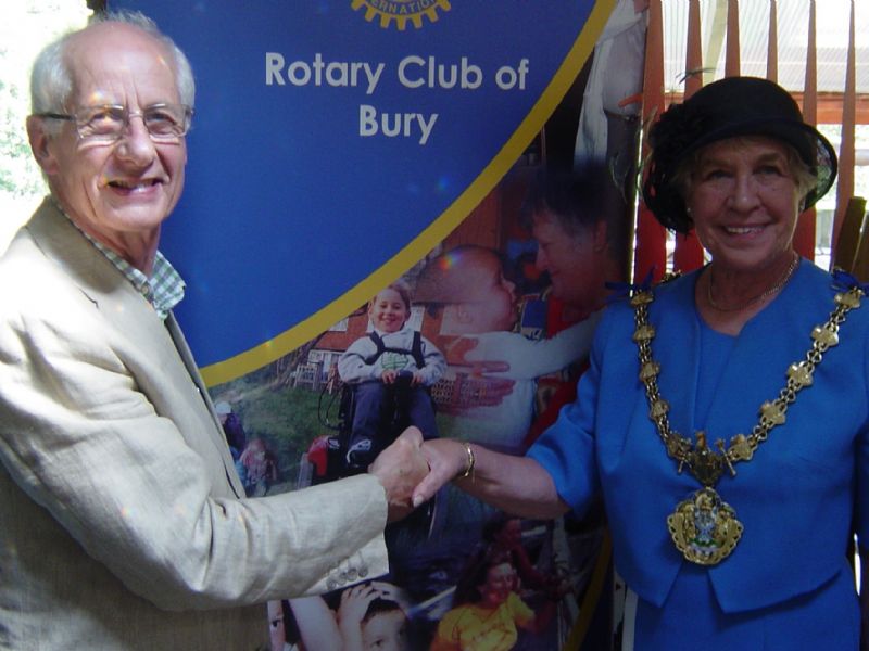 Bury Mayor (Cllr Dorothy Gunther) is pictured with Rotarian Peter Clare.