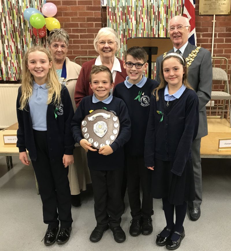 Winning team St. Wilreds Accademy PS With Mrs. Doreen Hoddinott and the Mayor Cllr. Bill Clarke, from left to right Speaker Annika, Chair Alex,V o T Kieran and Reserve Grace.