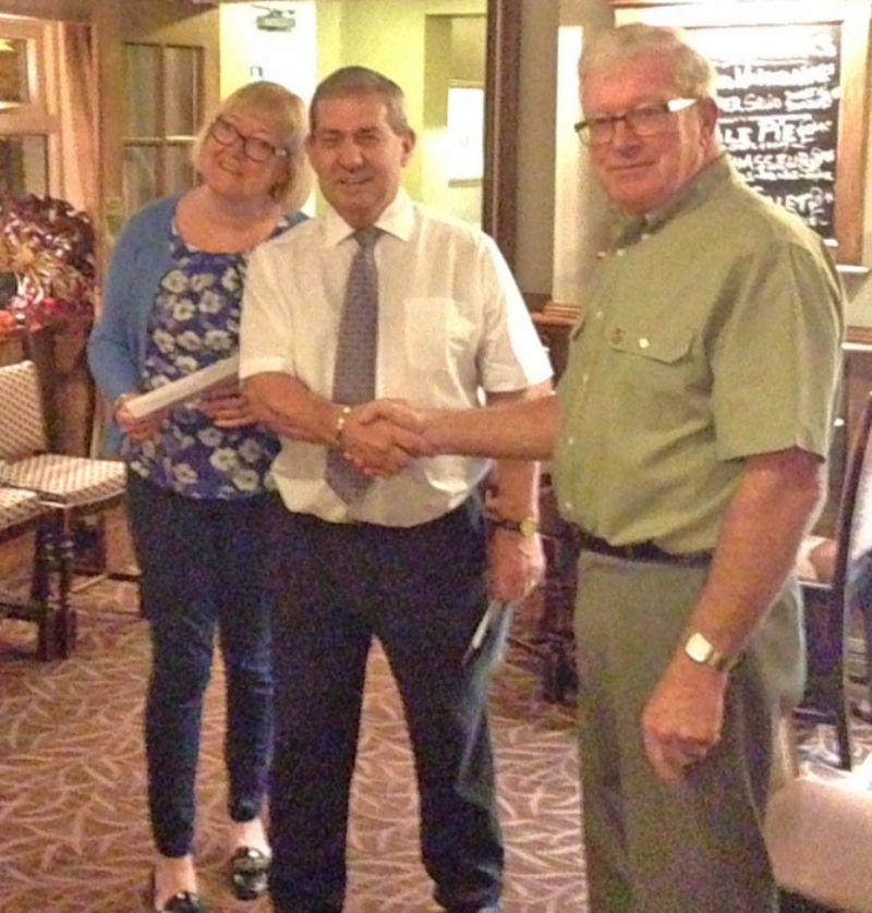 The attached photo shows Past President David Ash with Alan and Grace, ‘mine hosts’ at the Egerton Arms in Astbury.