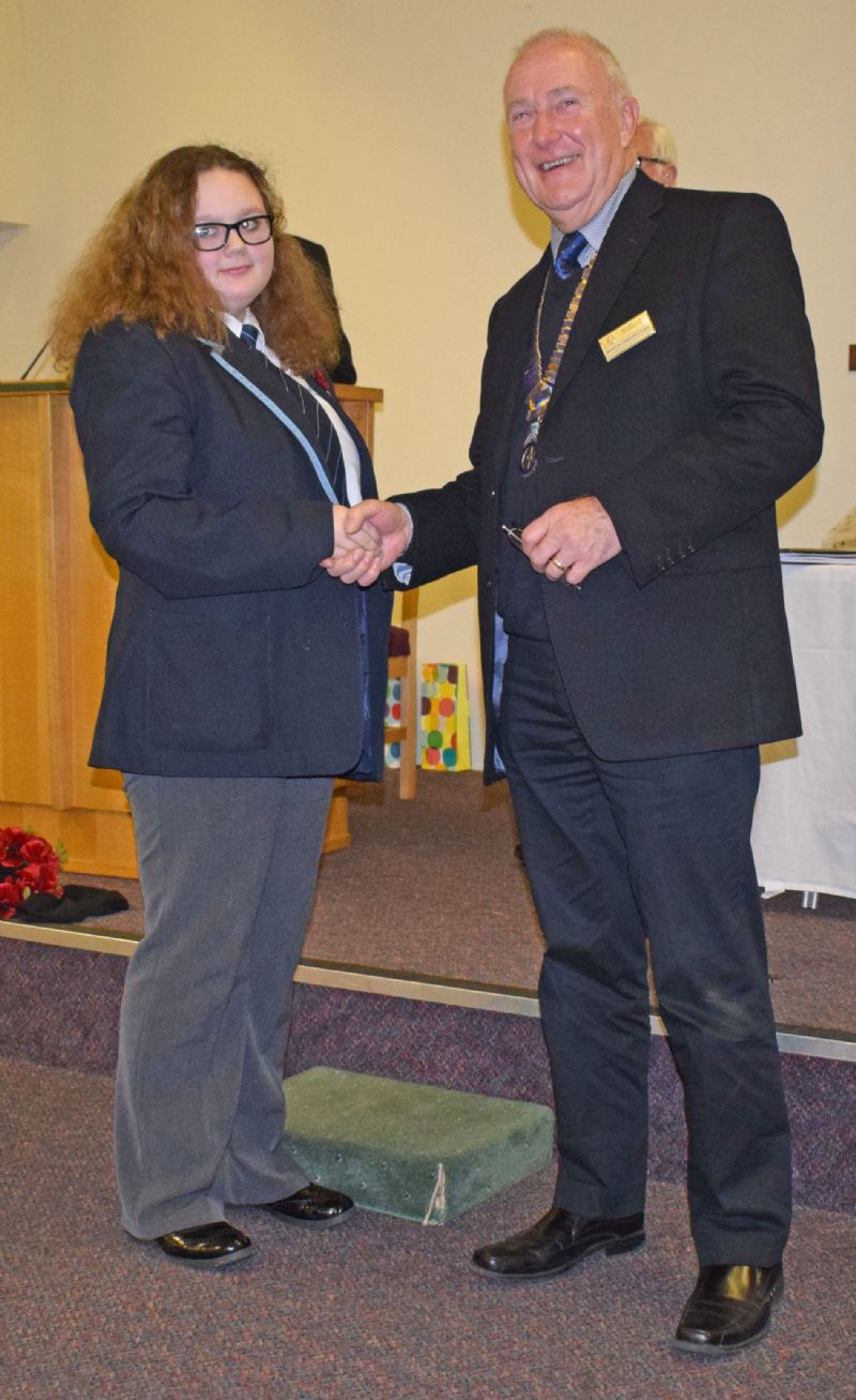 The Prize Winner for the best individual performance was Emily Sanderson from Biddulph High School, who spoke about Body Image', with Rotary President, Martin Gravestock.